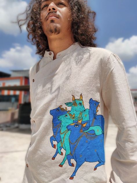 Fabric painting on stylish men kurta Handpainted Mens Kurta, Painted Hoodie, Painted Ideas, Paint Shirt, Fabric Paint Shirt, Painting Hoodie, Straight Kurti, Fabric Painting On Clothes, Man Design