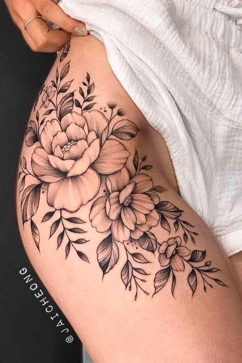 Feminine Thigh Tattoos, Floral Hip Tattoo, Flower Hip Tattoos, Feminine Nature, Bum Tattoo, Floral Thigh Tattoos, Hip Thigh Tattoos, Nature Tattoo, Tattoo Quotes For Women