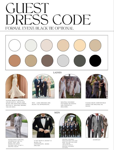 Wedding Attire Palette, Wedding Dress Code Guide For Guests, Neutral Wedding Guest Dress Code, Dresscode Wedding Invitation, Wedding Dress Code Ideas, Wedding Dress Code Guide, Wedding Attire Guide, Lifesaving Tips, Wedding Guest Dress Code