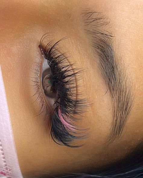 Cat Eye Wispy Lash Extensions, Lash Extensions Pink, Pink Lash Extensions, Wispy Cat Eye Lash Extensions, Lashes With Pink, Birthday Lashes, Pink Eyelashes, Wispy Cat Eye, Lift Lashes