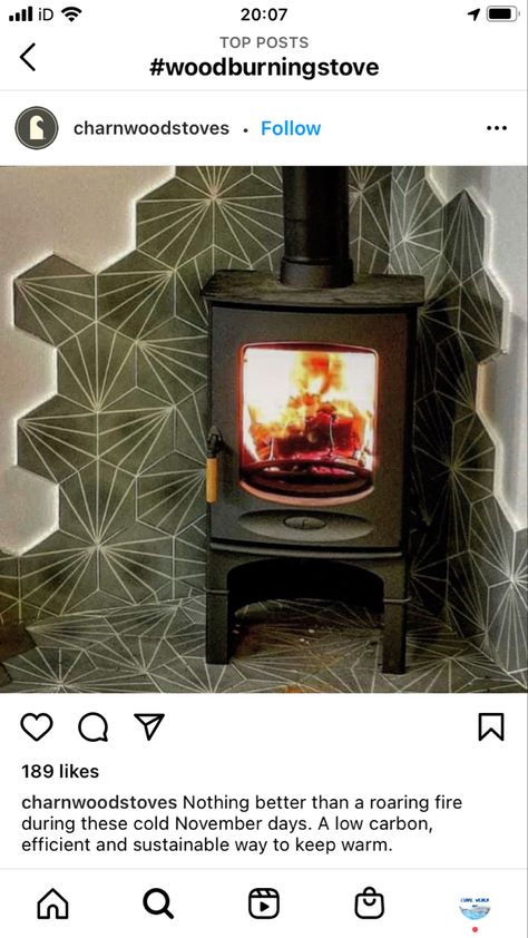 Corner Wood Stove Tile Surround, Wood Burner Tiles, Fireproof Wall Behind Wood Stove, Log Burner Tiles Behind, Tile Wood Stove, Hexagon Tile Fireplace, Corner Log Burner, Barndo Shop, Wood Burner Ideas