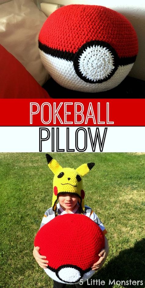 Crocheted Pokemon, Pokeball Crochet Pattern, Crochet Pillow Patterns Free, Pokemon Crochet Pattern, Crochet Pokemon, Crochet Ball, Crochet Geek, Crochet Pillow Pattern, Crochet Cushions