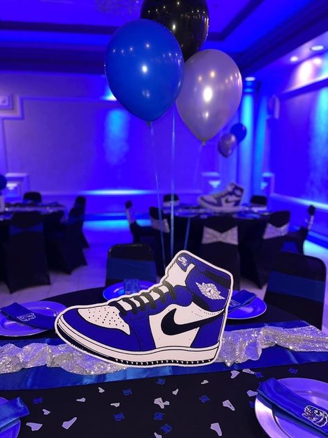 21st Birthday Sneaker Ball, Sweet 16 Sneaker Party Ideas, Blue Sneaker Ball Party, Purple Sneaker Ball Decorations, Sneaker Ball Birthday Party Ideas, Jordan Theme Centerpieces, Sneaker Ball Decor, Boys Sweet 16 Party Ideas, Jordan Theme Centerpiece