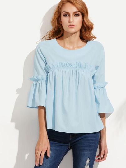 Blue Ruffle Bell Sleeve Blouse Ruffle Bell Sleeve, Pleated Blouse, Women's Blouses, Bell Sleeve Blouse, Blouse Online, Spring Summer Outfits, Jumpers And Cardigans, Bell Sleeve, I Dress