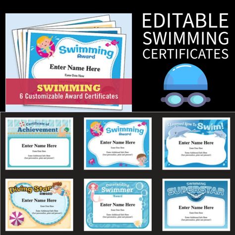 Editable Swimming Award Certificates (6) Swimming Awards, Awards Certificates Template, Award Certificates, Sports Awards, Swimming Diving, Certificate Templates, Swimmers, Diver, Diving