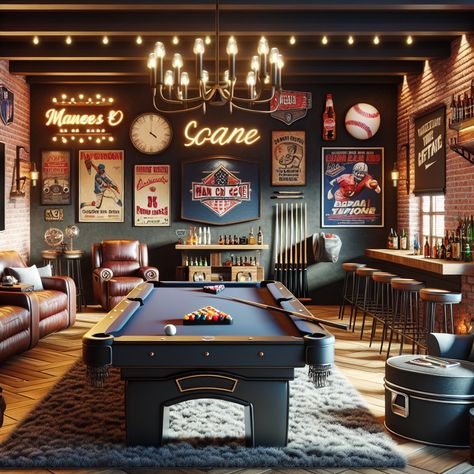 Game Room Basement Luxury, Rustic Games Room, Pool Table Interior Design, Movie Man Cave, Game Room Den Ideas, Games Room Garage, Bar And Game Room Ideas, Man Cave Paint Ideas, Theater Room Couch