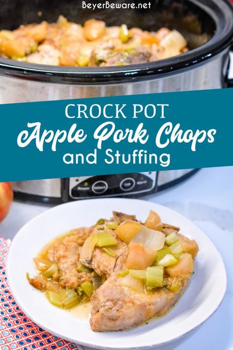 Crock pot apple pork chops is a flavorful crock pot pork chop recipe with lots of apples, onions, celery and cornbread stuffing. Apple Pork Chops Crockpot, Pork Chops Crockpot, Stuffing Recipes Crockpot, Crockpot Stuffing, Pork Chops With Apples, Apples And Onions, Pork Crockpot, Slow Cooker Meat, Pork Crockpot Recipes