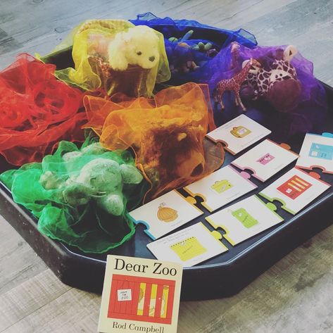 Dear Zoo Sensory Tray, Dear Zoo Activities Eyfs Tuff Tray, Dear Zoo Tuff Tray Ideas, Dear Zoo Activities Eyfs, Dear Zoo Eyfs, Dear Zoo Book, Dear Zoo Activities, Entertaining Toddlers, Story Baskets