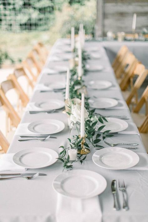 Chic White Wedding, Green Wedding Centerpieces, Cheap Wedding Table Centerpieces, Wedding Candles Table, Long Table Wedding, Table Garland, Greenery Centerpiece, Wedding Floral Centerpieces, Wedding Table Decorations