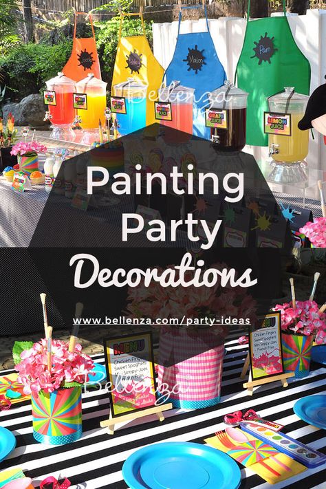 Fun and colorful painting party decorations. #paintingpartytheme #paintingpartyideas #rainbowpartytheme Art Party Ideas For Adults, Painting Party Ideas For Adults, Painting Party Decorations, Simple Balloon Decoration, It Painting, Painting Birthday Party, Rainbow Theme Party, Kid Parties, Party Crafts