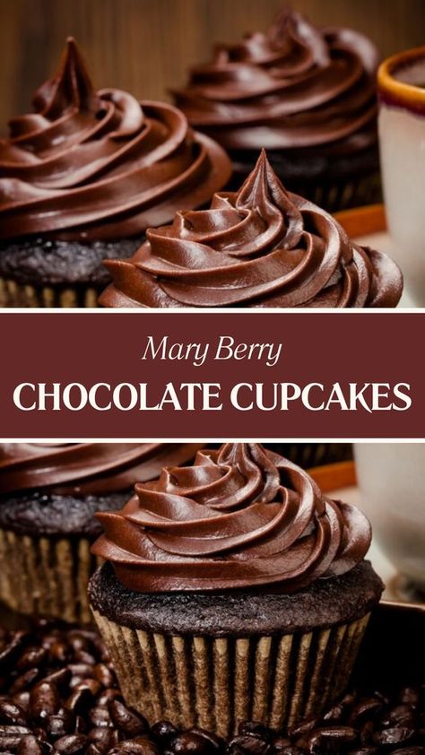 Mary Berry’s Chocolate Cupcakes are made with flour, sugar, cocoa powder, baking soda, salt, egg, milk, vegetable oil, vanilla extract, hot water, and a chocolate buttercream topping. This recipe serves around 6 people and takes about 30 minutes to prepare and bake. Chocolate Berry Cupcakes, Chocolate Cupcakes Recipes, Mary Berry Recipes Baking, Mary Berry Recipes, Mary Berry Cakes, Cupcake Topping, Chocolate Cupcake Recipe, Mary Berry Recipe, Chocolate Cupcakes Moist