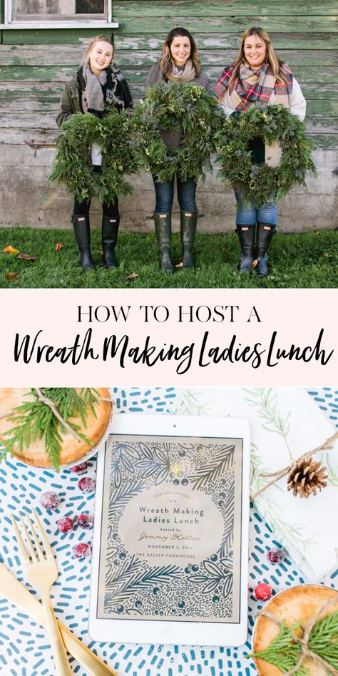 How to Host a Wreath Making Ladies Lunch | Holiday Wreath DIY Christmas Wreath Making Party, Wreath Making Party, Ladies Christmas Party, Diy Lunch, Wreath Party, Jenny Cookies, Make Your Own Wreath, Fresh Wreath, Country Bouquet