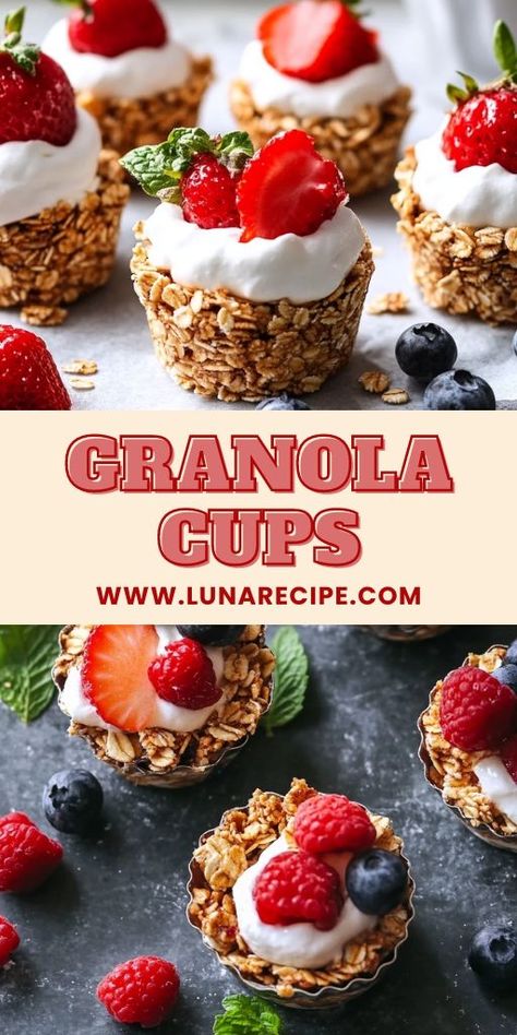 These Granola Cups are the perfect combination of crunchy, creamy, and fruity! 🥣🍓 Made with a crispy granola shell, creamy yogurt, and fresh fruit, they’re a healthy and delicious option for breakfast, snacks, or even dessert. Easy to customize with your favorite toppings and great for meal prepping! 📌 Pin this recipe to make crunchy, creamy, and fruity granola cups for a healthy treat! #GranolaCups #HealthySnacks #BreakfastIdeas #MealPrep #CleanEating #DeliciousAndHealthy Vegan Granola Cups, Granola Cups With Yogurt, Granola Bites Recipe, Breakfast Granola Cups, High Protein Granola, Crispy Granola, Granola Cups, Aesthetic Recipes, Fruit And Yogurt