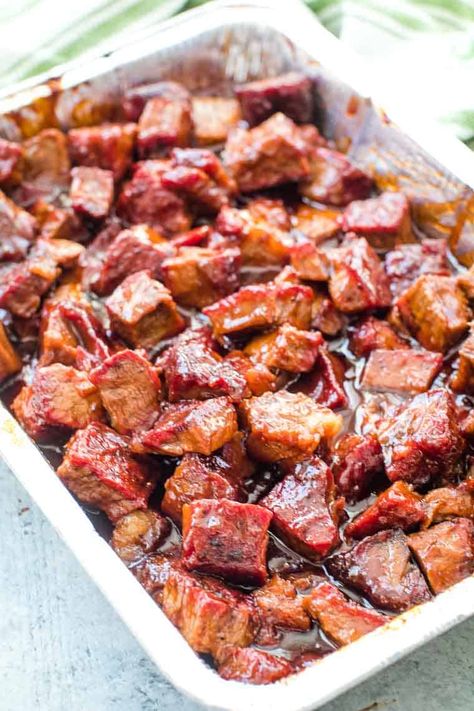 This Burnt Ends Recipe uses a chuck roast instead of a brisket. Fall apart tender and smoked to perfection. Bite size pieces smoked until they are tender and then basted in a homemade BBQ sauce! via @gimmesomegrilling Burnt Ends, Traeger Recipes, Smoked Meat Recipes, Poor Man, Smoked Ribs, Bbq Sauce Homemade, Homemade Bbq, Smoker Recipes, Grilled Asparagus