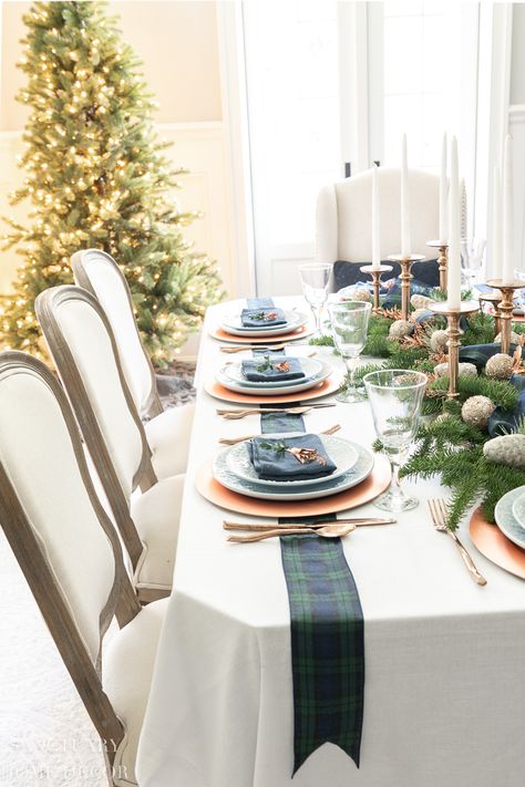 Christmas Table With Blue And White Dishes, Wedding Party At Home Decor, Green And Blue Plaid Christmas Table, Harvest Mantle Decor, Decorate Dining Chairs For Christmas, Blue And White Dining Room Table Decor, Blue And Green Christmas Table Setting, Cape Cod Christmas Decor, Christmas Dinner Place Setting