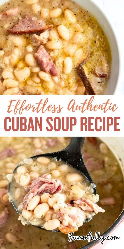 Transport yourself to Havana with each spoonful of this one-pot Classic Cuban Soup. Using ham hocks and salt pork (optional), white beans are infused with smoky flavors that complement their creamy texture. You can customize it with your protein of choice and add bacon for that signature smoky flavor! This soup can be cooked ahead of time since it tastes better the next day! Cuban Soup, Ham Hocks, Salt Pork, White Bean Soup, Cuban Recipes, Soup And Sandwich, Easy Soups, Easy Soup Recipes, Homemade Soup