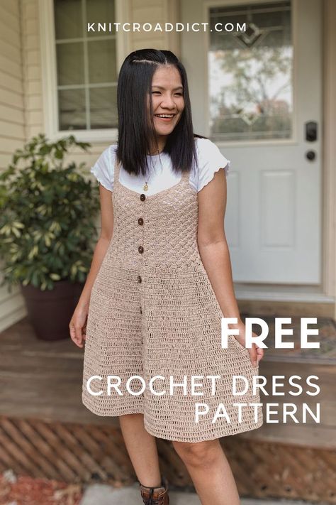 Free crochet dress pattern and video tutorial. Includes women's sizes XS-XXL. Crochet Skater Dress Pattern Free, Crochet Dress Cardigan, Crochet Apron Dress, Crochet Dress Women, Crochet Dress For Beginners, Crochet Dress Beginner, Crochet Sweater Vest Dress, Crochet Patterns Clothes Woman, Crochet Midi Dress Pattern