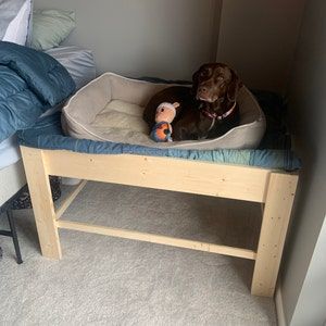 Raised Dog Bed With Steps, Diy Bed Extension For Dog, Bedside Dog Bed Elevated, Bedside Dog Bed, Dog Platform Bed, Dog Bed Platform, Diy Raised Dog Bed, Diy Elevated Dog Bed, Apartment Dog