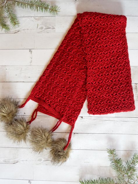 Cranberry Twist Scarf Pattern with Pom-Poms  #crochet #scarves #crochetscarf #pompoms #freepatterns Red Crochet Scarf Pattern, Scrubby Pattern, Crocheted Scarves, Twisted Scarf, Crochet Cowls, Crocheted Christmas, Crochet Scarfs, Winter Crochet, Ribbed Scarf