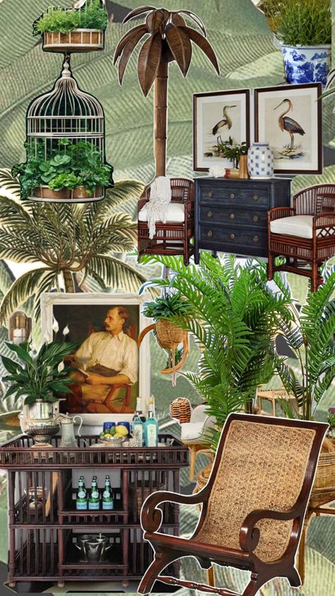 Antique birdcage, parlor palms, rattan furniture, British Colonial, cane chair, ginger jar British Colonial Patio, British Colonial Decor Living Room, British Colonial Decor West Indies, British Colonial Aesthetic, British Colonial Art, Tropical British Colonial Interiors, British West Indies Decor, Tropical British Colonial Style, British Colonial Interior Design