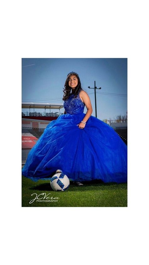 Quinceañera soccer photo royal blue quinceanera dress Soccer Quinceanera Pictures, Quince Soccer Pictures, Royal Blue Quince Dresses With Butterflies, Quince Photoshoot Ideas Without The Dress, Quince Water Pictures, Royal Blue Quinceanera Dresses, Quince Picture With Horse, Quince Picture Ideas, Quince Photoshoot Ideas