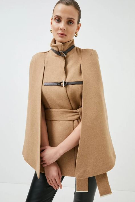 Don’t Miss Out | Women Clothing | Karen Millen Cape Coat Outfit, Shirt Runway, Turtleneck Cape, Fur Trim Coat, Button Shirt Dress, Cape Jacket, Leather Mask, Trim Jacket, Cape Sleeves