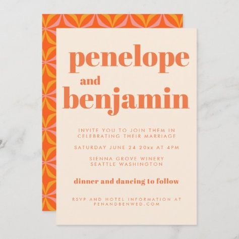 $2.92 | Modern Orange Retro Typography Wedding All In One #modern, retro, typography, wedding all in one invitation, mid century mod pattern, fun, colorful, unique, orange, simple Orange Minimalist, Mid Century Modern Wedding, Modern Wedding Invite, Retro Wedding Invitations, Typography Wedding, Orange Retro, Budget Wedding Invitations, Retro Typography, Geometric Wedding