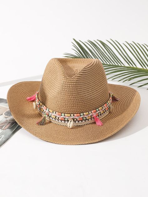 Khaki Boho Collar  Paper Plain Straw Hat Embellished   Women Accessories Women Straw Hat, Cowboy Hats Women, Paper Plain, Girl Hats, Hat Bar, Cap Art, Hat Bands, Tassel Decor, Straw Hat Beach