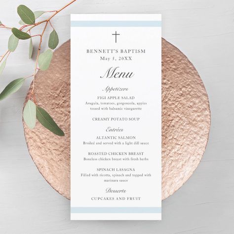 Modern Elegant Blue Boys Baptism Program - Christening Gifts Lasagna Cupcakes, Balsamic Vinegarette, Baptism Program, Creamy Potato Soup, Appetizer Menu, Roasted Chicken Breast, Baptism Invitation, Boy Baptism, Menu Card