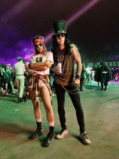 80s Couples Halloween Costume, Slash Axl Rose Costume, Motorcycle Gang Costume, Axl Rose Halloween Costume, Slash And Axl Costume, Rock Star Halloween Costumes, Rock Of Ages Outfits, Music Halloween Costumes, Slash And Axl Rose