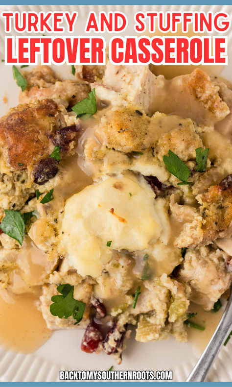 Turkey and stuffing leftovers on a plate. Leftover Turkey Stuffing Casserole, Thanksgiving Leftover Casserole Recipes, Thanksgiving Leftover Containers, Turkey Casserole Recipes Leftover Easy, Smoked Turkey Recipes Leftover, Leftover Turkey Recipes Easy Casserole, Turkey Casserole With Stuffing, Leftover Turkey Casserole Recipes, Left Over Thanksgiving Turkey Ideas