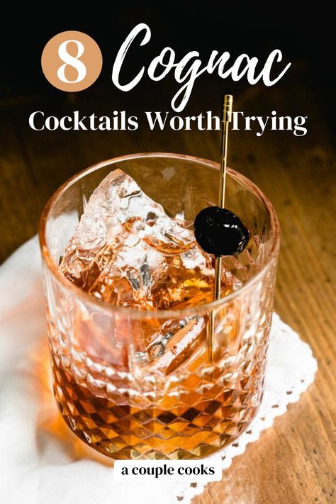 Here are the top Cognac cocktails to try using this high-end brandy! Try everything from a classic Sidecar to the beloved Sazerac. | cocktails | drinks | cognac drinks cocktails | brandy cocktails | #cocktails #cognac #brandy #cognaccocktails #brandycocktails Cognac Cocktails Recipes, Cognac Drink Recipes, Cognac Mixed Drinks, Cocktails With Cognac, Cognac Drinks Cocktails, Drinks With Cognac, Courvoisier Cocktails, High End Cocktails, Cognac Recipes