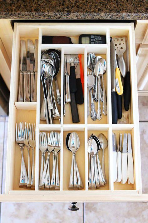 Learn more about how this drawer is the most efficient it could be here. Or try these drawer organizing strips ($17.99/package). Diy Kitchen Utensils, Custom Kitchen Drawers, Kitchen Utensil Drawer Organization, Kitchen Utensil Drawer, Utensil Drawer Organization, Wood Kitchen Utensils, Diy Organizer, Desain Pantry, Utensil Drawer