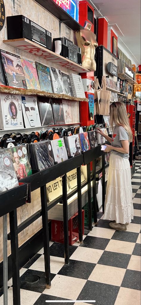 Record store, long skirt, graphic tee, vinyl, summer outfit, reeboks Record Store Outfit, Tee Outfits, Graphic Tee Outfits, Tee Outfit, Record Store, Summer Outfit, Long Skirt, Graphic Tee, Summer Outfits