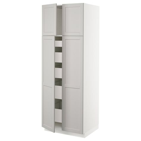 SEKTION High cabinet w 4 doors/5 drawers - white/Lerhyttan light gray - IKEA Ikea Kitchen Pantry, Pantry Hacks, Ikea Pantry, Sektion Kitchen, 3 Season Room, Pantry Drawers, High Cabinet, Drawer Rails, Stackable Washer And Dryer