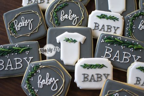 Dark Green Baby Shower Ideas, Gray Baby Shower Ideas, Grey Baby Shower Ideas, Green Baby Shower Ideas, Baby Shower Cookies Neutral, Modern Baby Shower Themes, Work Baby Showers, Sage Green Baby Shower, Peanut Baby Shower