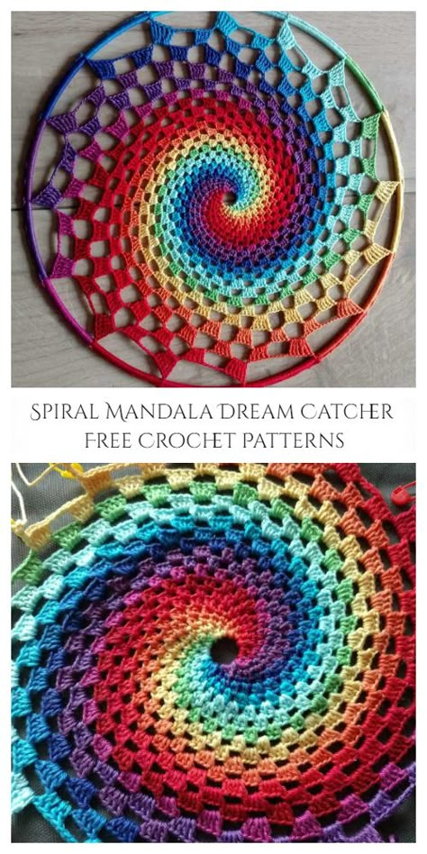 Spiral Mandala Dream Catcher Free Crochet Patterns - DIY Magazine Crochet Fibonacci, Crochet Dreamcatcher Pattern Free, Spiral Crochet Pattern, Mandala Dream Catcher, Motif Mandala Crochet, Crochet Dreamcatcher Pattern, Crochet Hoop, Decorative Crochet, Dream Catcher Patterns