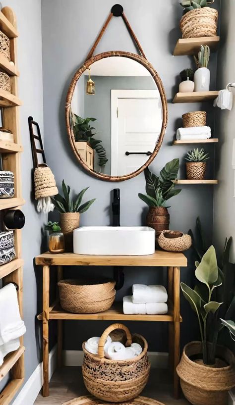 Small boho bathroom Bohemian Toilet Ideas, Boho Bathroom Decor Ideas On A Budget, Vanity Ideas Small Bathroom, Boho Toilet Room, Small Bathroom Organisation, Diy Boho Bathroom, Home 3d Design House Plans, Salon Bathroom Ideas, Bathroom Organisation Ideas