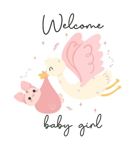 Vector cute baby girl shower stork with ... | Premium Vector #Freepik #vector #baby-birth #baby-girl #baby-design #birth New Baby Wishes, Welcome Baby Girl, Baby Wishes, Welcome Card, Wedding Invitation Card Design, Hadith Quotes