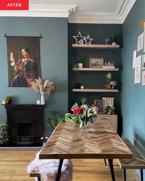 Post Image Ikea Bed Frames, Blue Dining Room, Ikea Lack Shelves, Dining Room Corner, Brick Room, Inchyra Blue, New Paint Colors, Diy Dining, Dining Room Style