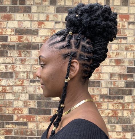 Elegant Loc Updo Styles Black Women, Mohawk Dreads Women, Loc Style Updo, Loc Up Do Styles, Long Loc Updo Styles Women, Women Dreads Black Hairstyles, Fancy Loc Styles For Women, Bridal Loc Styles, Dreadlock Updo Hairstyles Black Women Locs Styles