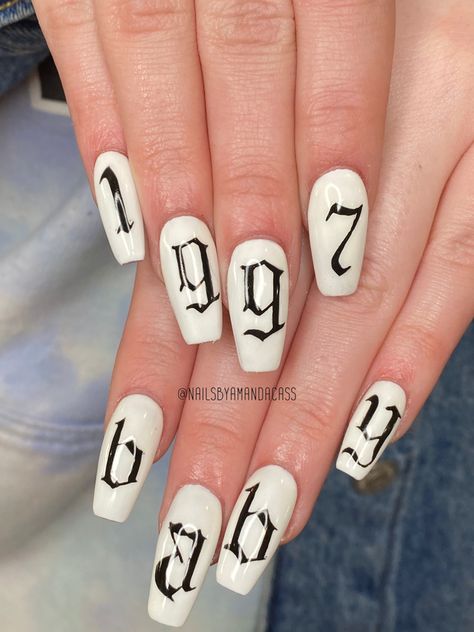 1997 Nail Design, Nails With Dates On Them, 1996 Nail Design, 50 Cent Inspired Nails, Old English Nail Art, Nails With Numbers Design, Numbers On Nails Design, Number On Nails Design, 1998 Nails