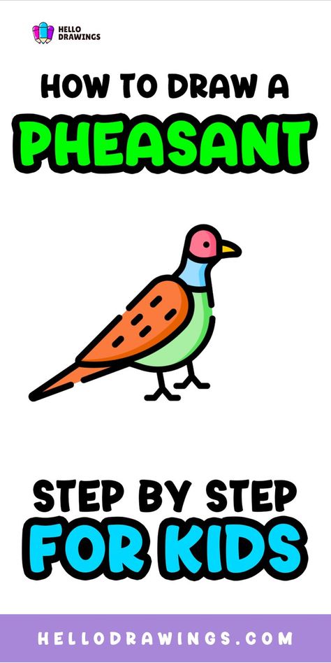 How to Draw a Pheasant | Easy Drawing Guide for Kids Animal Drawing Tutorial, Easy Animal Drawings, Easy Animals, Drawing Tutorials For Kids, Drawing Guide, Easy Drawings For Kids, Animal Drawing, Drawing Tutorial Easy, Guided Drawing