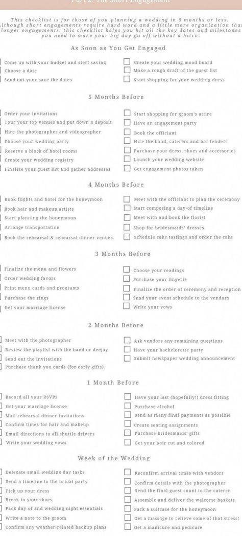 Planning a wedding in less than 6 months? Get the ultimate wedding planning checklist for short engagements so you don't miss a single step when planning your big day Short Wedding Day Timeline, Wedding Planning Timeline 6 Month, Wedding Checklist 6 Months Timeline, Diy Wedding Planning Checklist, Wedding To Do List Checklist 6 Months, Planning A Wedding In 3 Months Checklist, Wedding Planning Checklist Detailed, Ultimate Wedding Checklist, Wedding Planning Checklist 6 Months Real Simple