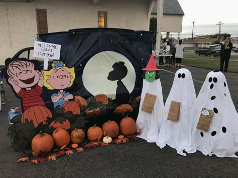 Great Pumpkin Charlie Brown Trunk or Treat. Backdrop & Linus standup are from Oriental Trading Co.  Lucy, Charlie Brown & Pigpen ghosts are made out of tomato cages, styrofoam balls, sheets, and sticky felt.   I made Lucy's mask & hat out of craft foam sheets. Its A Great Pumpkin Charlie Brown Trunk Or Treat, Great Pumpkin Trunk Or Treat Ideas For Cars, Its The Great Pumpkin Trunk Or Treat, Peanuts Halloween Trunk Or Treat, Trunk Or Treat Ideas Charlie Brown, Charlie Brown Trunk Or Treat Ideas For Cars, Charlie Brown Parade Float Ideas, Lucy Witch Mask Diy, Peanuts Trunk Or Treat Ideas