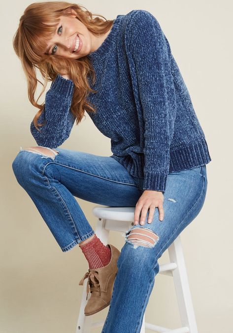 Finally, 14 Silky Soft Sweaters That Are Anything but Itchy Form Fitting Clothes, Velvet Sweater, Oufits Casual, Chenille Sweater, Long Pullover, Casual Tops For Women, Softest Sweater, Knitting Inspiration, Blue Sweaters