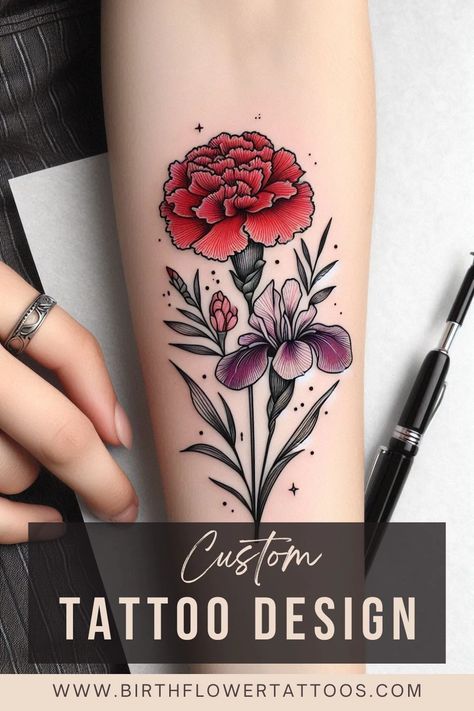 Minimalist Carnation and Iris Flower Tattoo - January and February Birth Flower Design Violet And Carnation Tattoo, January Birth Flower Tattoo, February Birth Flower Tattoo, August Flower Tattoo, Carnation Flower Tattoo, Iris Flower Tattoo, February Birth Flower, Carnation Tattoo, October Birth Flowers