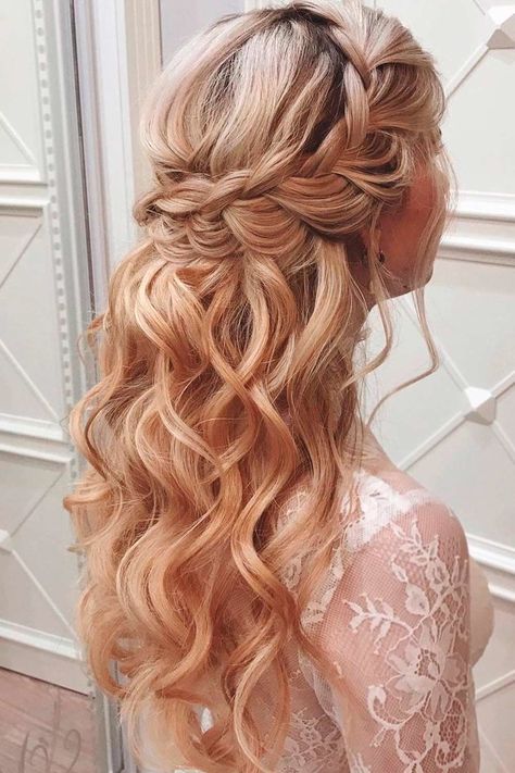 Christmas Hairstyles Half Up Half Down, Persephone Story, Braided Half Up Half Down Hair, Messy Updos, Down Hairstyles For Long Hair, Braided Half Updo, Wavy Hair Overnight, Dance Hair, Prom 2022