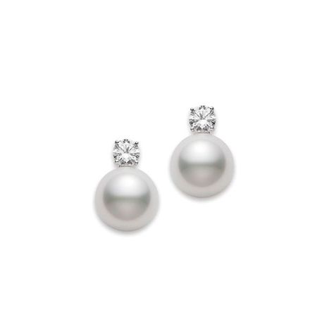 18K white gold Akoya pearl and diamond earrings featuring two 5mm Akoya pearls and two round brilliant cut diamonds weighing .04 ctw. Designed by Mikimoto. Pearl Earrings With Diamonds, Pearl Diamond Earrings Stud, Pearl Diamond Studs, White Pearls Earrings, Pearl With Diamond Earrings, Pearl Earrings Stud, Pearl And Diamond Earrings Studs, Mikimoto Pearl Earrings, Mikimoto Earrings