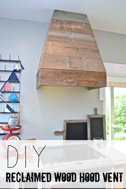 This DIY custom kitchen hood is made from reclaimed and rustic barn wood. This is such a grey addition to any kitchen design and decor. Paint it or leave it natural. Diy Wood Cabinet, Wood Vent Hood, Custom Kitchen Hood, Diy Barnwood, Wood Hood, Kitchen Vent Hood, Kitchen Vent, Hood Vent, Kitchen Hood